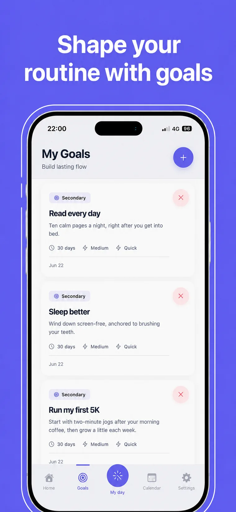 Flowly My Goals screen, with priority, duration and effort for each goal